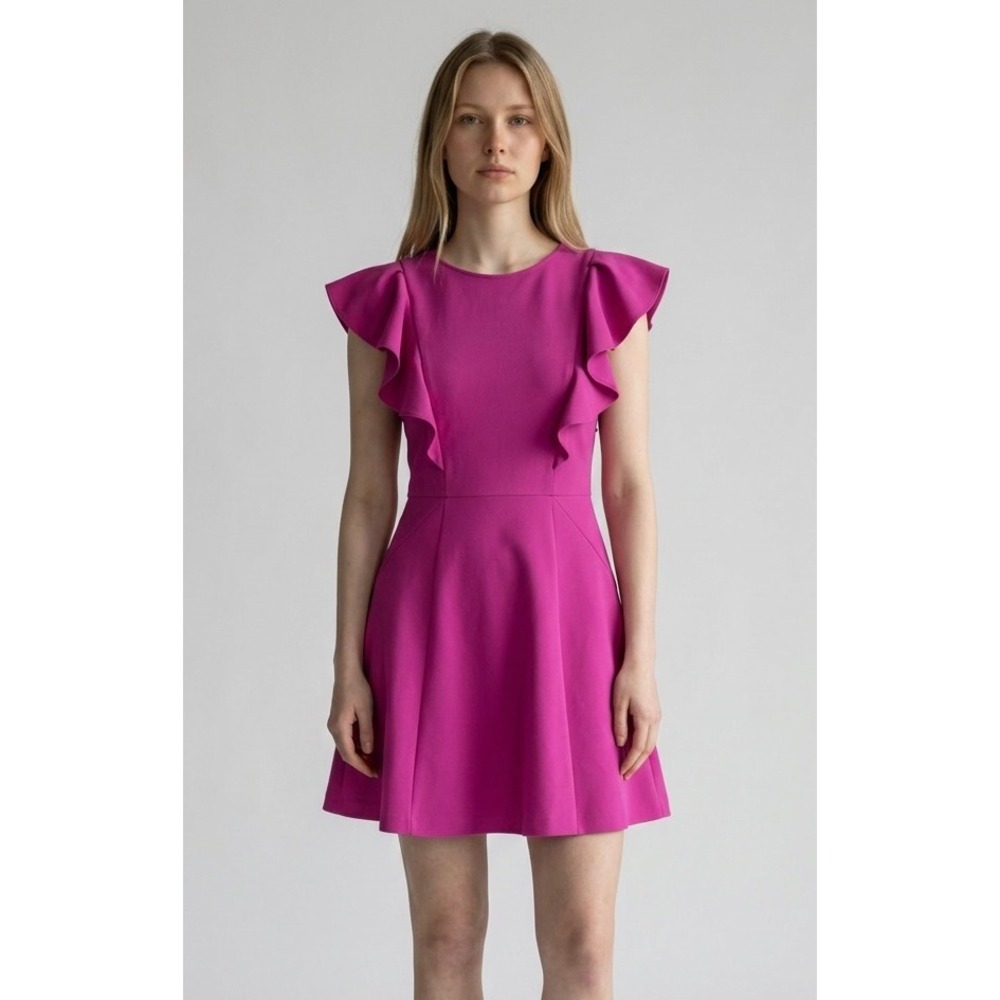 Eliza J‎ Ruffle Fit and Flare Cocktail Mini Dress 2 Magenta Pink Barbiecore Prep